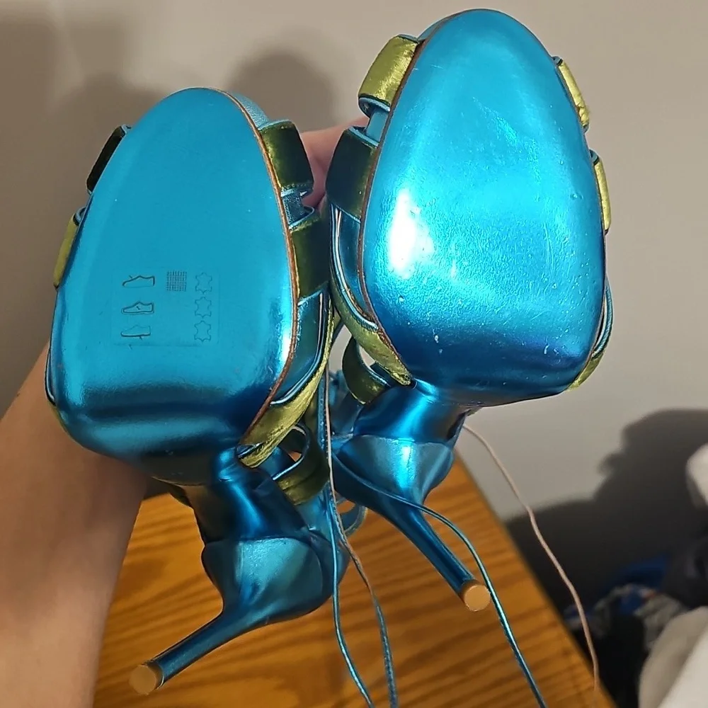 Tom Ford Teal and Lime Green Satin Strappy High Heel Sandals - Picture 12 of 13